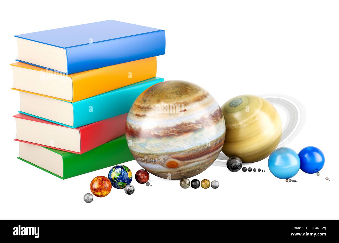 Pianeti del sistema solare e pila di libri. Rendering 3D isolato su sfondo bianco Foto Stock