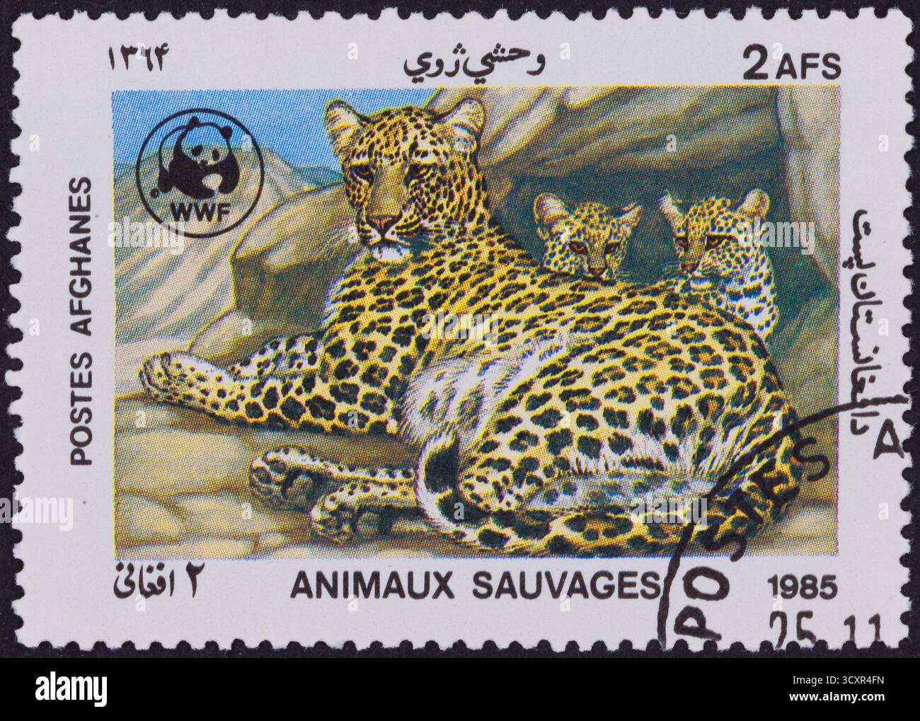 Un francobollo presenta un leopardo e due cuccioli appoggiati, con il logo WWF e testo multilingue, su uno sfondo roccioso e naturale. Foto Stock