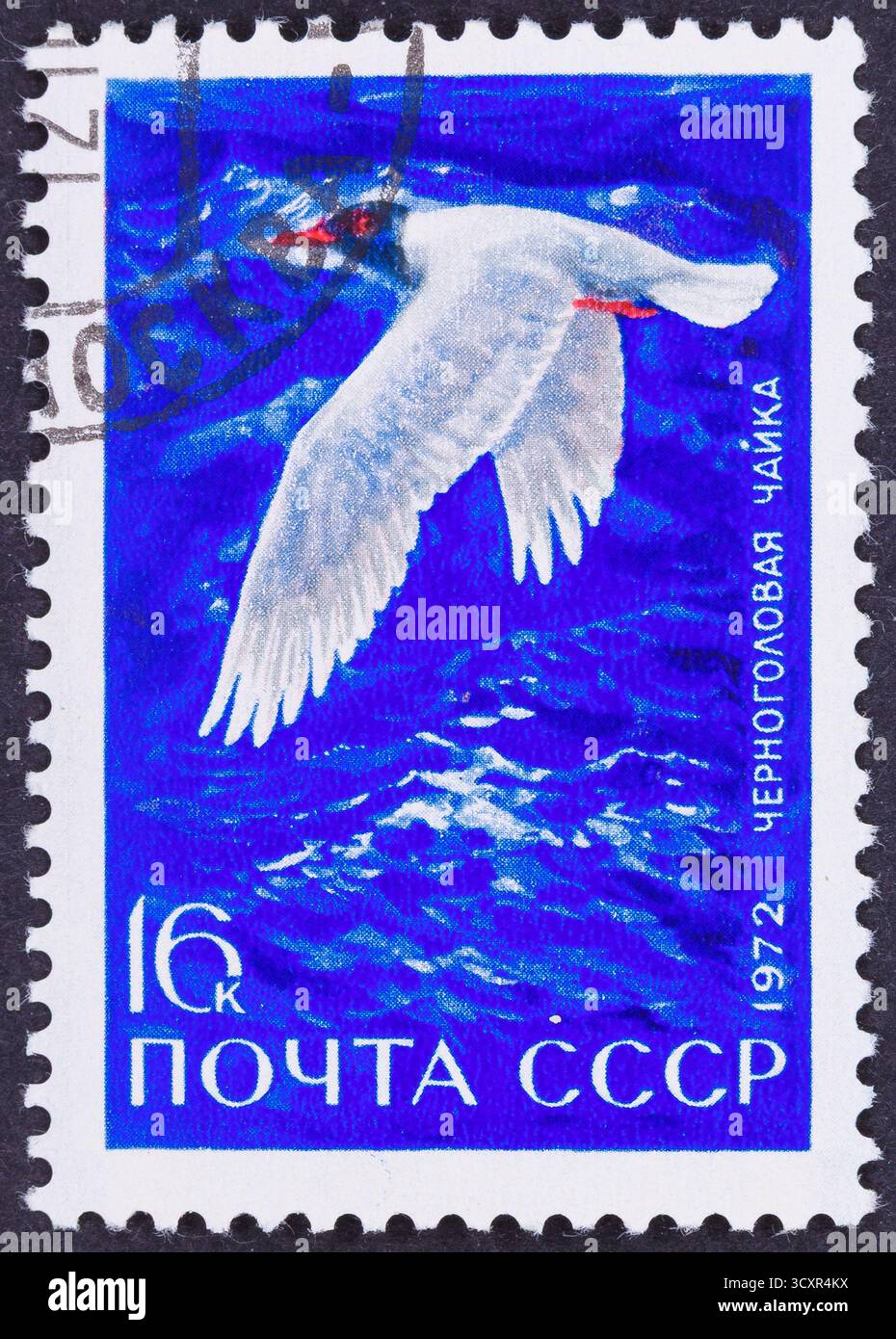 Un francobollo con un uccello bianco con accenti rossi che volano sopra l'acqua blu stilizzata. Testo e un anno sono visibili. Foto Stock
