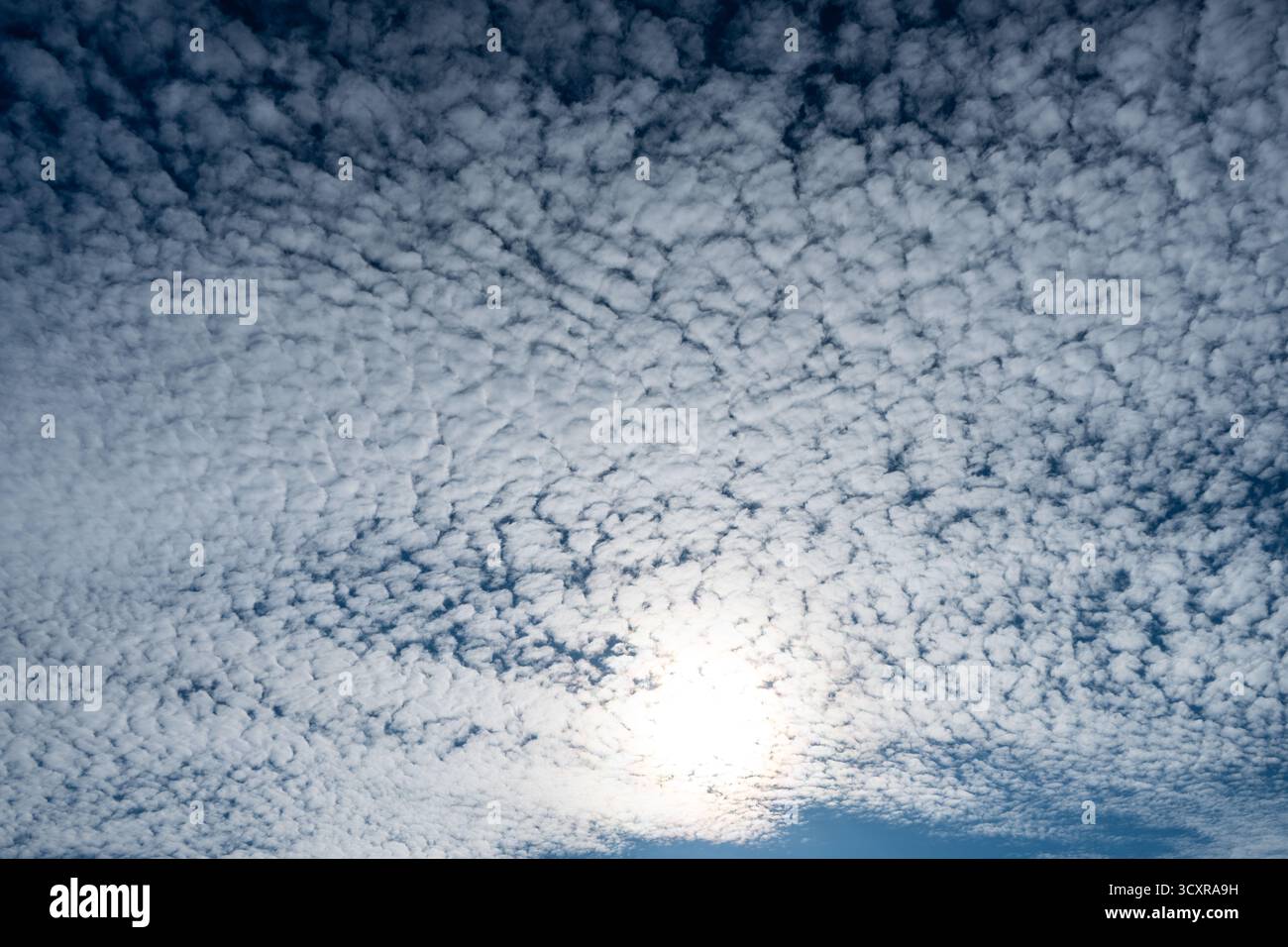 Le nuvole di Altocumulus si riflettono nella luce solare e nel cielo blu. Pyramid Lake, Jasper, Alberta Foto Stock
