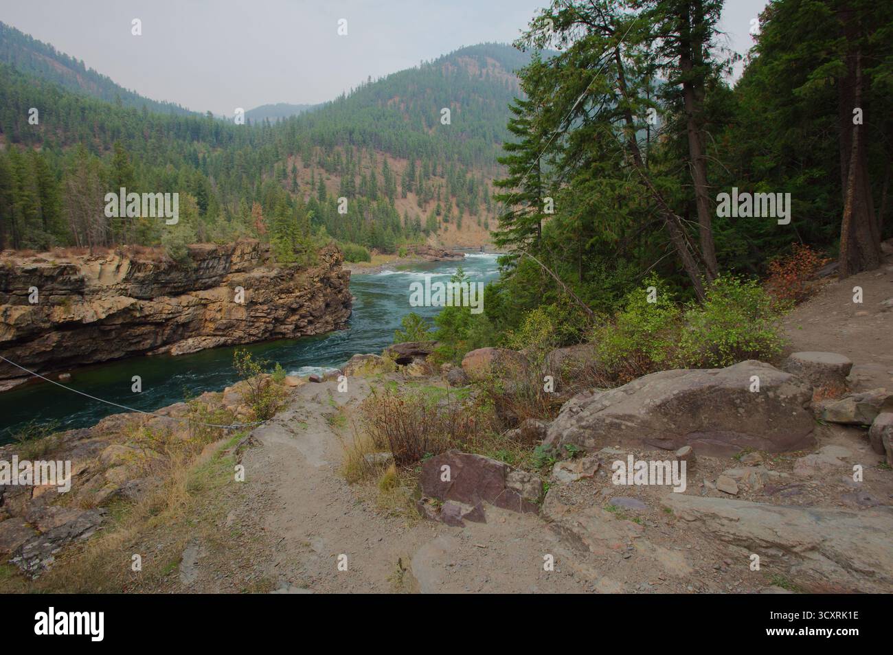 Aspro River Canyon con acque turchesi e scogliere boscose - scenario di vista escursionistico. Foresta nazionale di Kootenai nel Montana. Intaglia un canyon attraverso roc Foto Stock