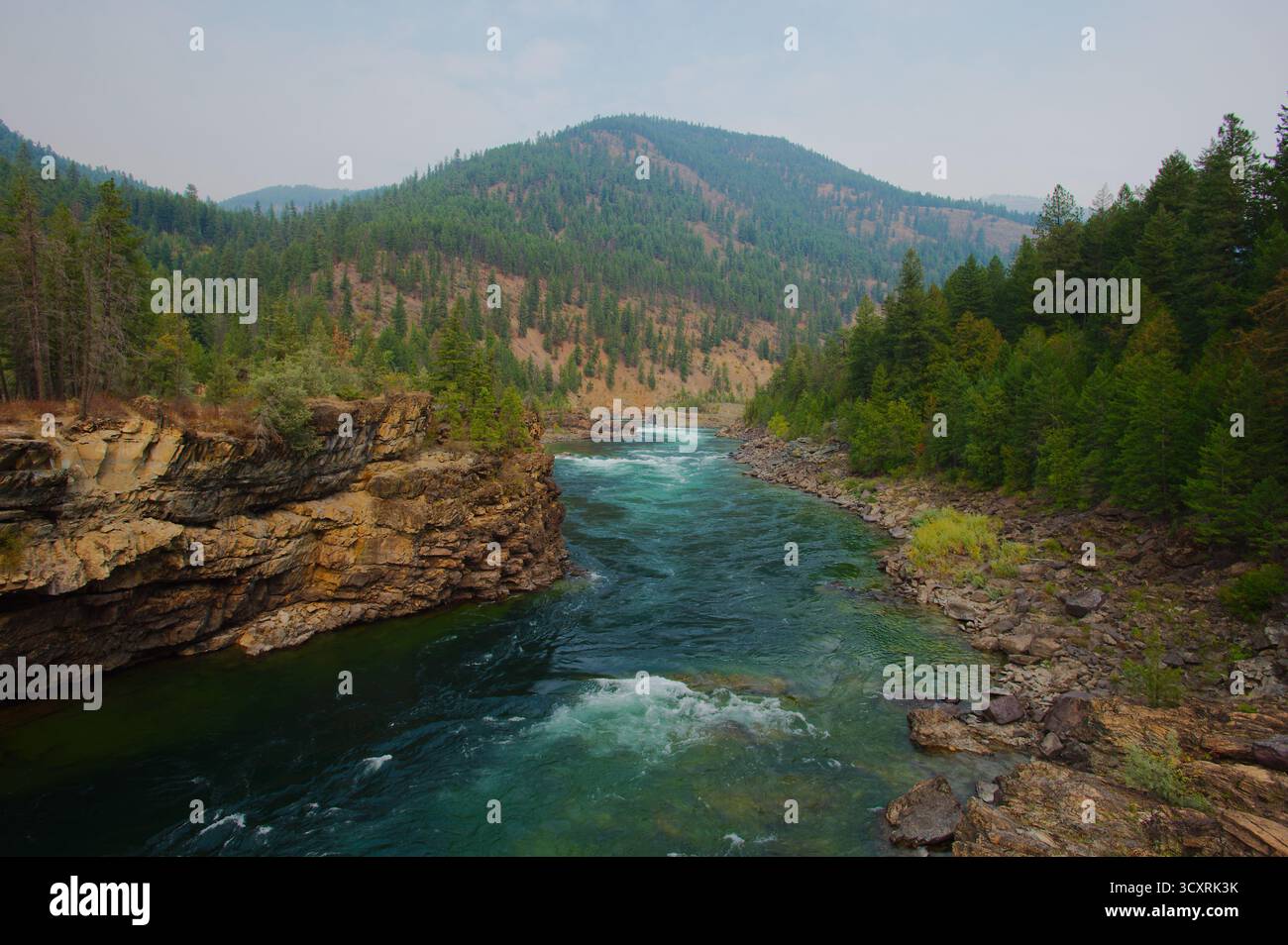 Aspro River Canyon con acque turchesi e scogliere boscose - scenario di vista escursionistico. Foresta nazionale di Kootenai nel Montana. Intaglia un canyon attraverso roc Foto Stock
