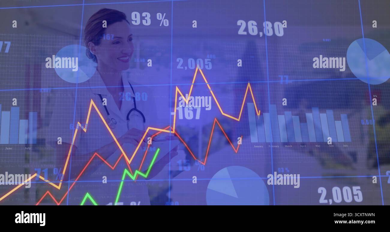 Analisi delle metriche su tablet digitale da parte di un medico in clinica, con stetoscopio e grafici di dati Foto Stock