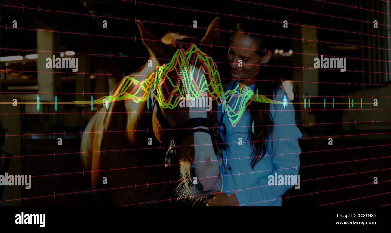 Esame veterinario che tiene il cavallo all'interno di una stalla in legno, sovrapposizione di forme d'onda, spazio di copia Foto Stock