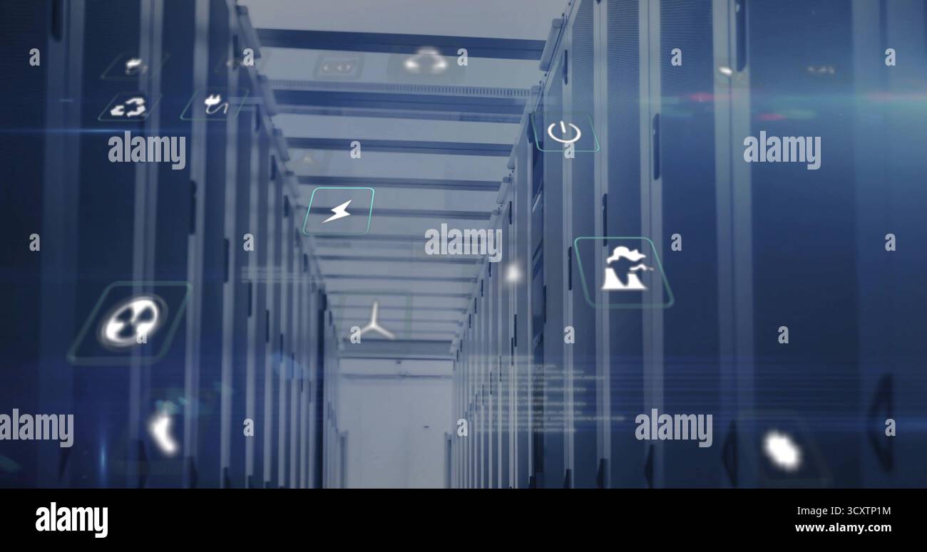 Spostamento di icone energetiche tra i rack server nella sala del data center, con passerelle per cavi e pannelli a pavimento Foto Stock