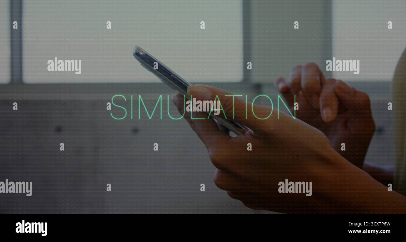 Toccando le mani della donna tenendo lo smartphone in un ufficio in vetro smerigliato, mostrando la sovrapposizione di SIMULATION Foto Stock