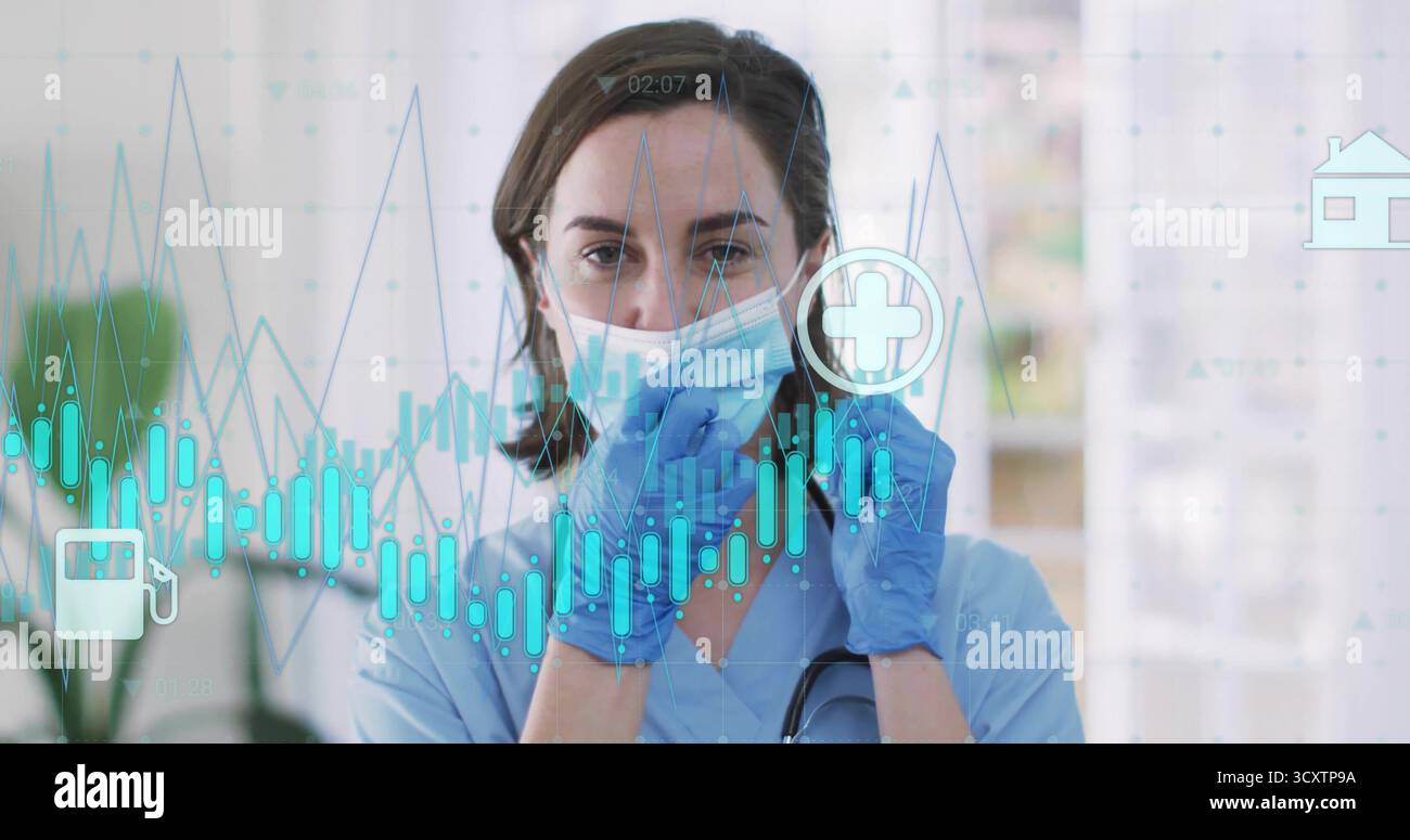 Regolazione della maschera di trazione dell'infermiere in posizione nella sala clinica, con stetoscopio, guanti e sovrapposizioni di dati Foto Stock