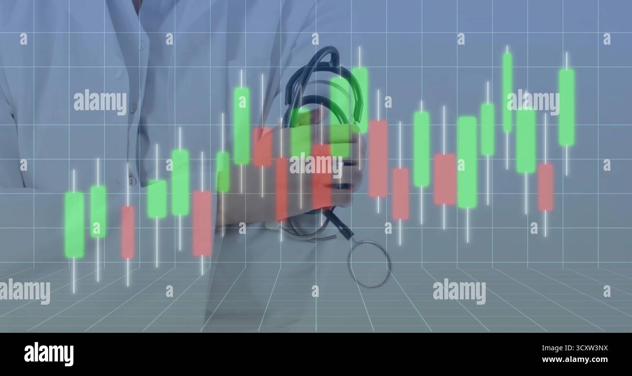 Medico che indossa un camice da laboratorio che regge lo stetoscopio in studio clinico, con barre di candele su griglia grigia Foto Stock