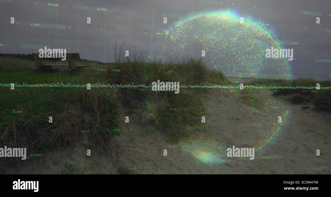 Panca in legno appoggiata su dune di erbe da spiaggia, con linee dati digitali a sfera e spazio di copia Foto Stock