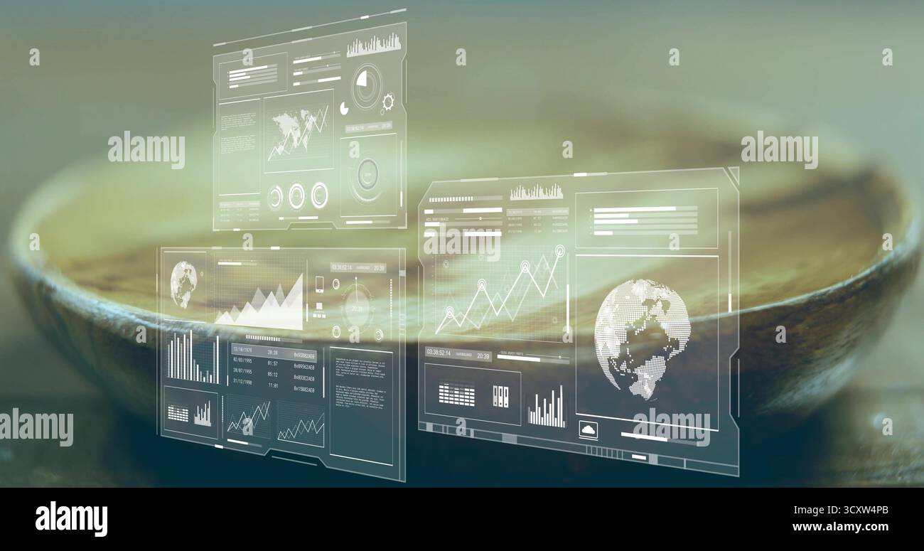 Pannelli di interfaccia digitali traslucidi che mostrano grafici di dati e mappa del mondo sopra la ciotola di legno in studio Foto Stock