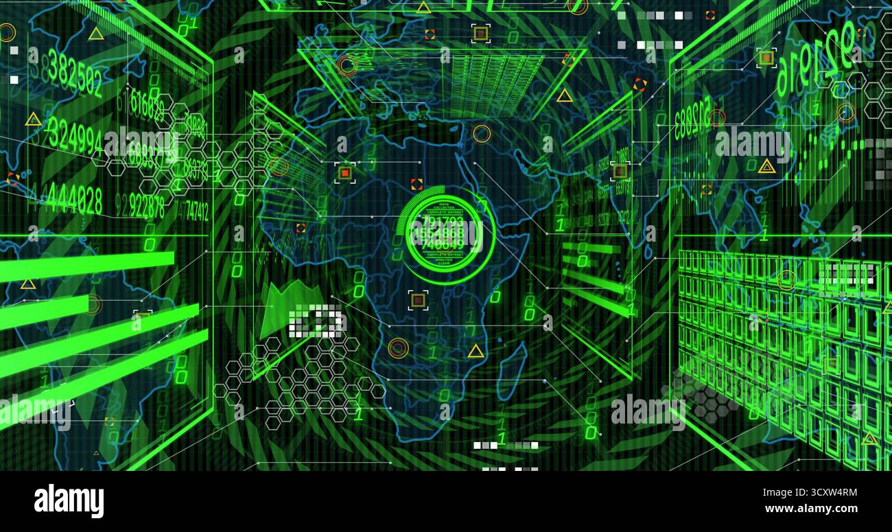 Visualizzazione di un'interfaccia futuristica che mostra la mappa del mondo wireframe su una griglia esagonale con un indicatore dati luminoso Foto Stock