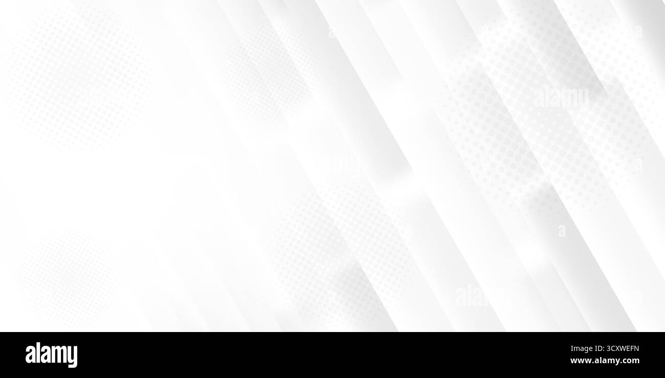 Sfondo moderno geometrico e design grigio chiaro e schema di colori bianco. Puntini in grigio chiaro con motivo a mezzitoni radiali. Barre con sfumatura sottile che danno la Foto Stock