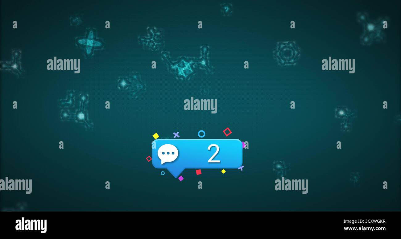 Fumetto mobile della chat che mostra il numero 2, l'icona del discorso sullo schermo verde, con simboli di gioco Foto Stock