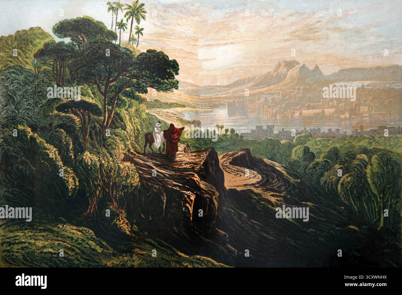 Illustrazione della Vergine Maria che regge Gesù bambino su un asino guidata da Giuseppe nella fuga in Egitto (Vangelo) dalle letture della domenica pittorica del XIX secolo del reverendo William Owen volume Foto Stock