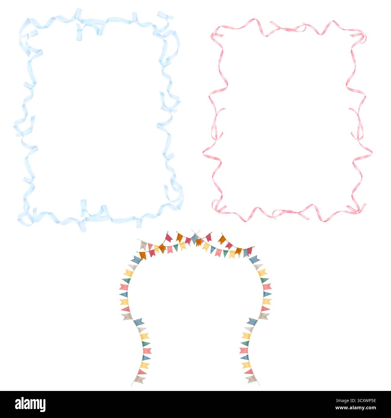 Cornici di nastri e bandiere. Illustrazione acquerello. Ghirlande per bambini, nastri festivi, set è isolato su sfondo bianco. Per gli intervistati, invi Foto Stock