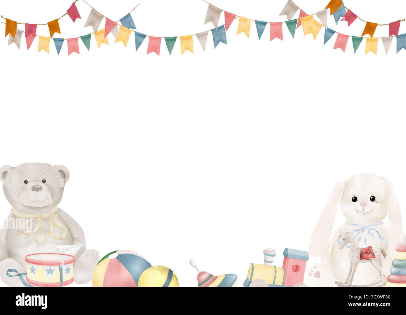 Una cartolina allegra per bambini con peluche e un coniglietto, con giocattoli e bandiere. Illustrazione digitale acquerello. Un treno, una piramide e un tamburo, isolati Foto Stock