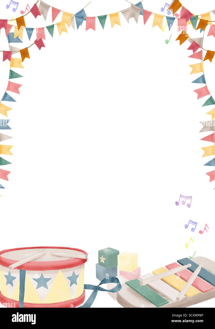 Cartolina con strumenti musicali per bambini e ghirlande di bandiere. Illustrazione acquerello. Cornice con tamburo, xilofono e cubi, isolati su bianco Foto Stock