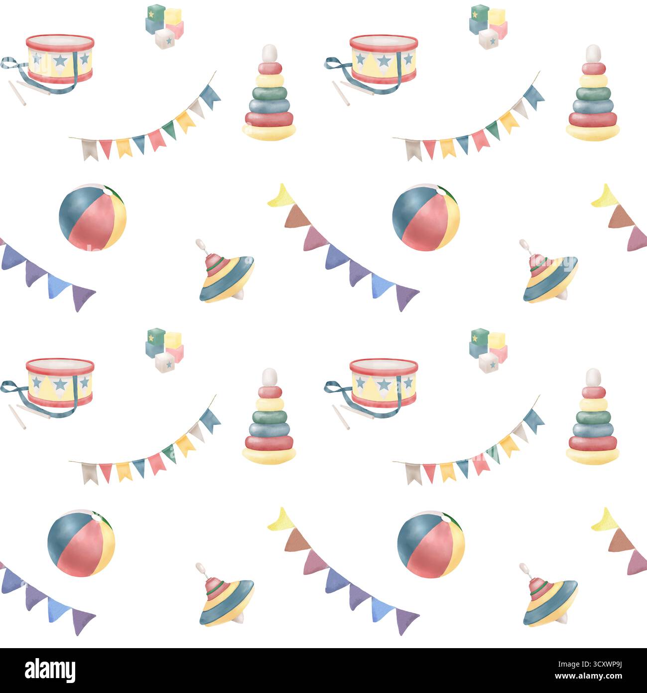 Giocattoli per bambini e ghirlanda con bandiere, motivo senza cuciture. Illustrazione acquerello. Tamburo giocattolo, palla e piramide, isolati su sfondo bianco. Per il Foto Stock