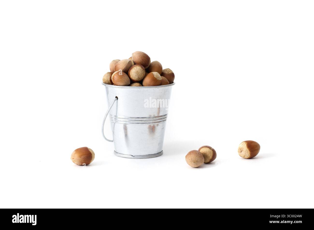 Un piccolo secchio di metallo pieno di nocciole intere, posto su uno sfondo bianco pulito, che ne sottolinea la naturale consistenza e ideale per il cibo, la salute, Foto Stock