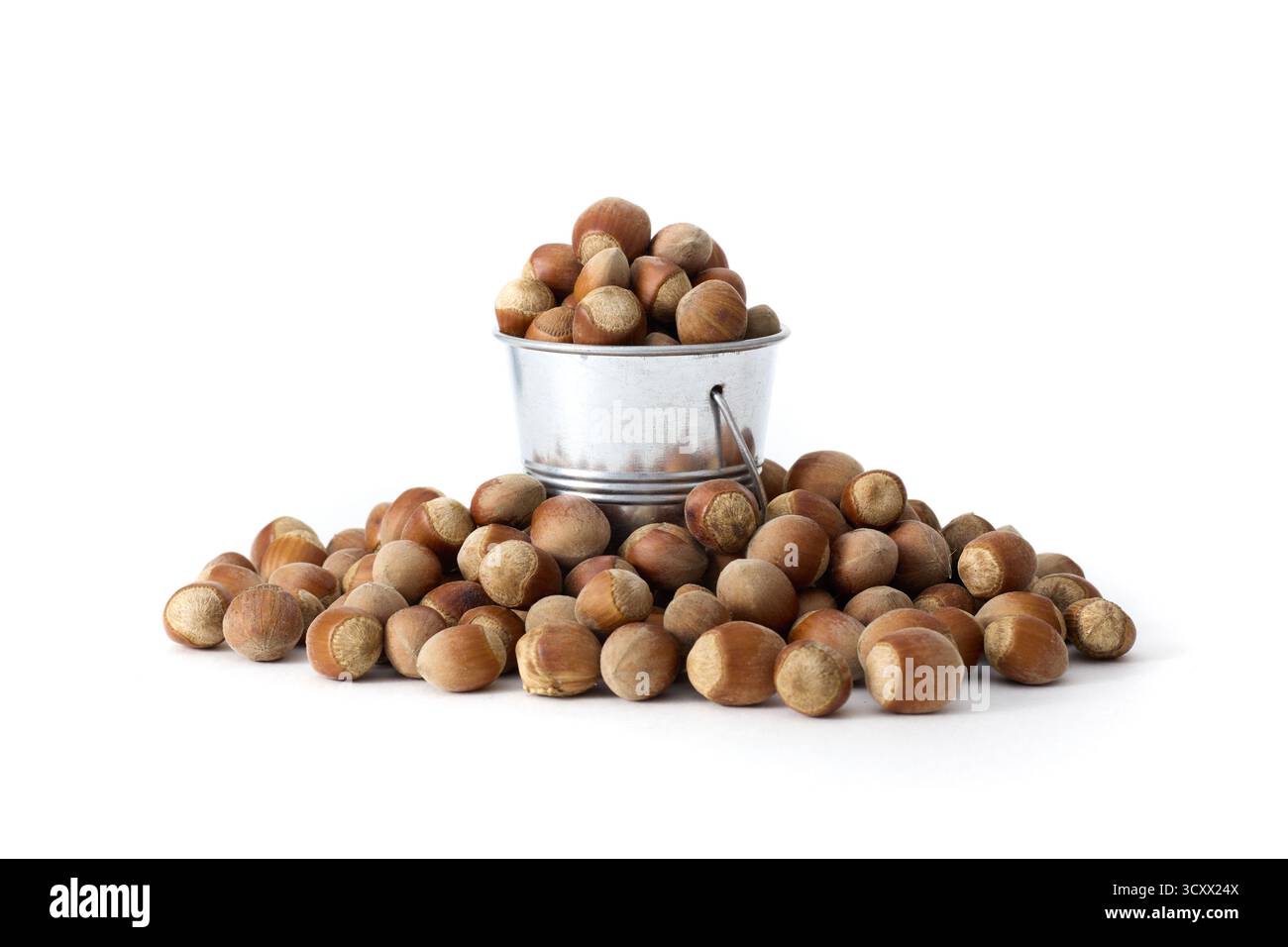 Un piccolo secchio di metallo pieno di nocciole intere, posto su uno sfondo bianco pulito, che ne sottolinea la naturale consistenza e ideale per il cibo, la salute, Foto Stock