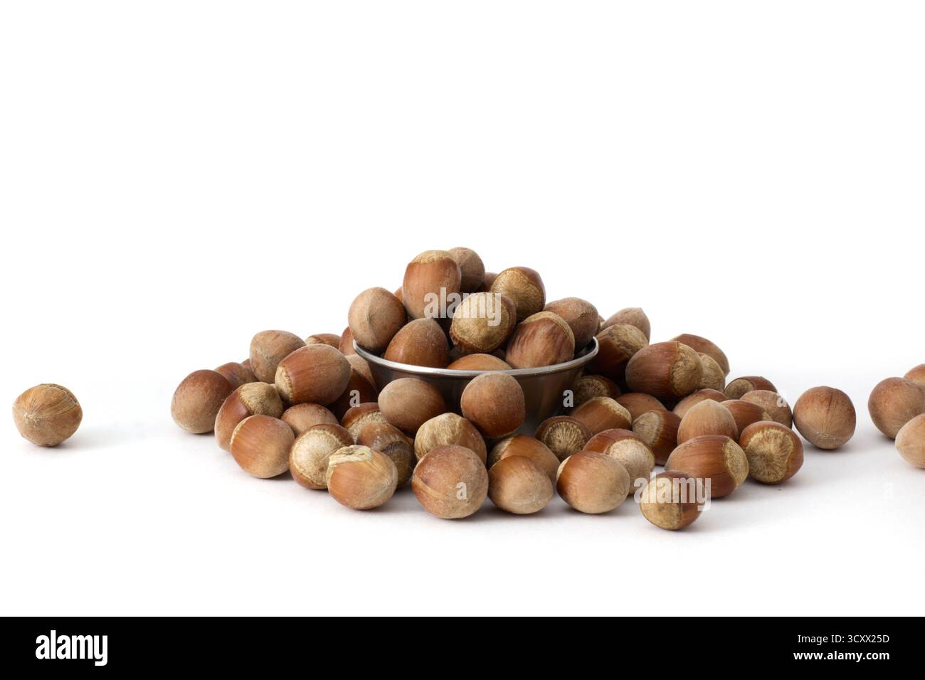 Una piccola ciotola di metallo piena di nocciole intere, posizionata su uno sfondo bianco pulito, che ne evidenzia la consistenza naturale e perfetta per le foto del cibo Foto Stock