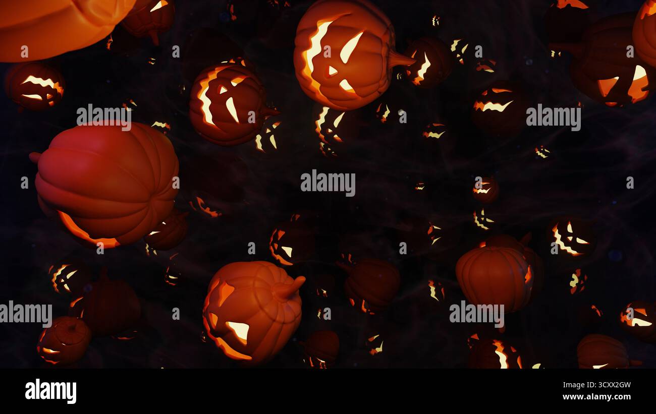 Pumpkin in the Night, illustrazione in 3D con un luminoso jack-o'-lanterna circondato da nebbia e luce soffusa, perfetta per annunci di Halloween, poster, e. Foto Stock