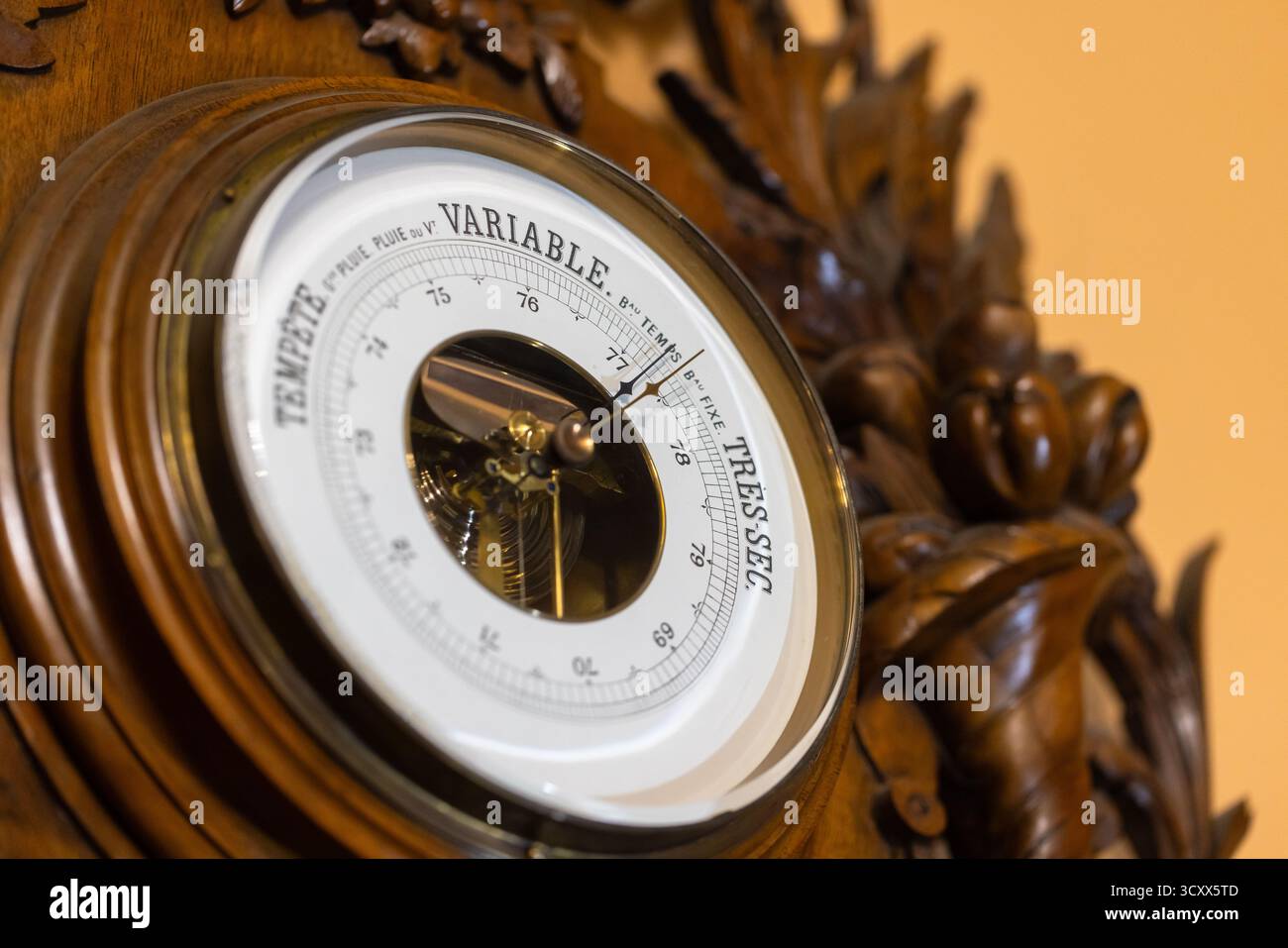 Un primo piano di un barometro antico con quadrante preciso e ingranaggi visibili, incastonato in una struttura in legno riccamente intagliato. Toni caldi e dettagli complessi ev Foto Stock