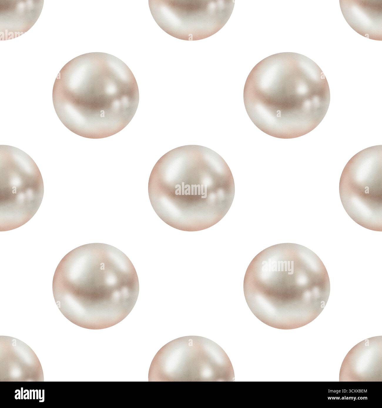 Motivo ad acquerello senza cuciture con perle bianche su sfondo bianco. Ideale per imballaggi di gioielli, marchi di cosmetici, inviti di nozze e design elegante in tessuto o carta. Foto Stock