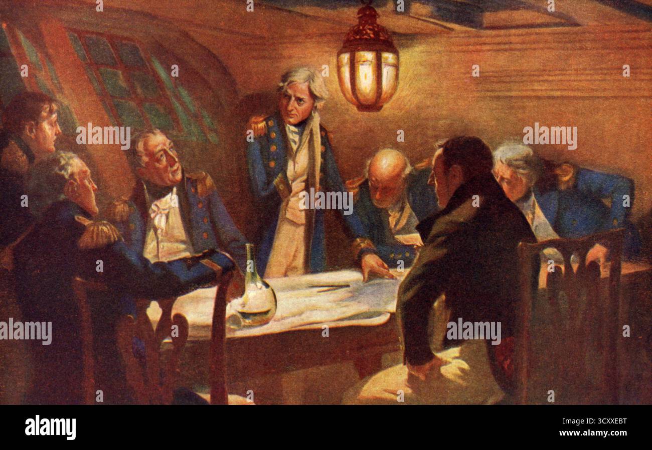 La notte prima di Trafalgar, c1910. Di Fred Roe (1864-1947). Nelson raffigurato sulla HMS Victory, con i suoi capitani, la notte prima della battaglia di Trafalgar. La battaglia di Trafalgar fu uno scontro navale che ebbe luogo il 21 ottobre 1805 tra la Royal Navy e una flotta combinata di marine francesi e spagnole durante la guerra della terza coalizione. Foto Stock