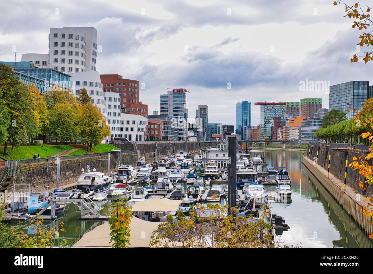Gehry ha progettato edifici Twisted che si affacciano sulla trafficata Marina con barche attraccate e alberi d'autunno a Düsseldorf in Germania Foto Stock