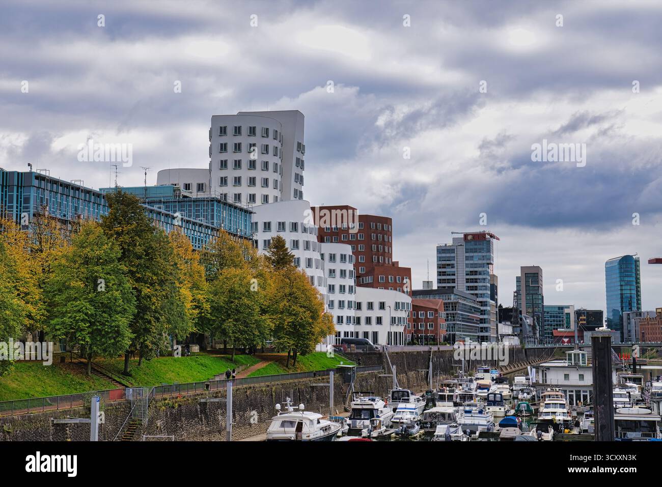 Gehry ha progettato edifici Twisted che si affacciano sulla trafficata Marina con barche attraccate e alberi d'autunno a Düsseldorf in Germania Foto Stock