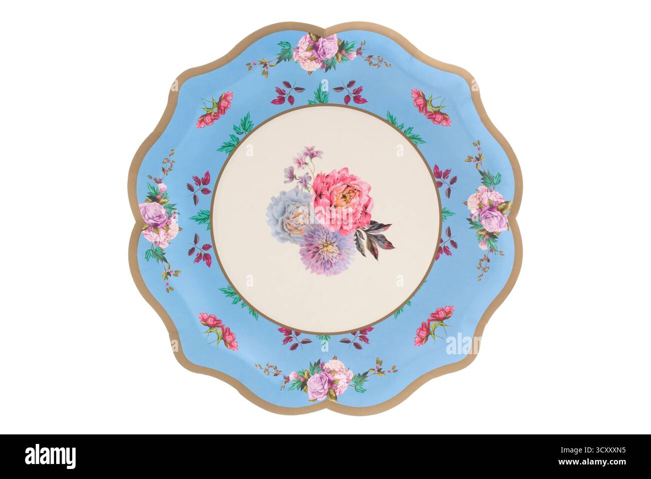 Piastra in carta blu floreale su sfondo bianco Foto Stock