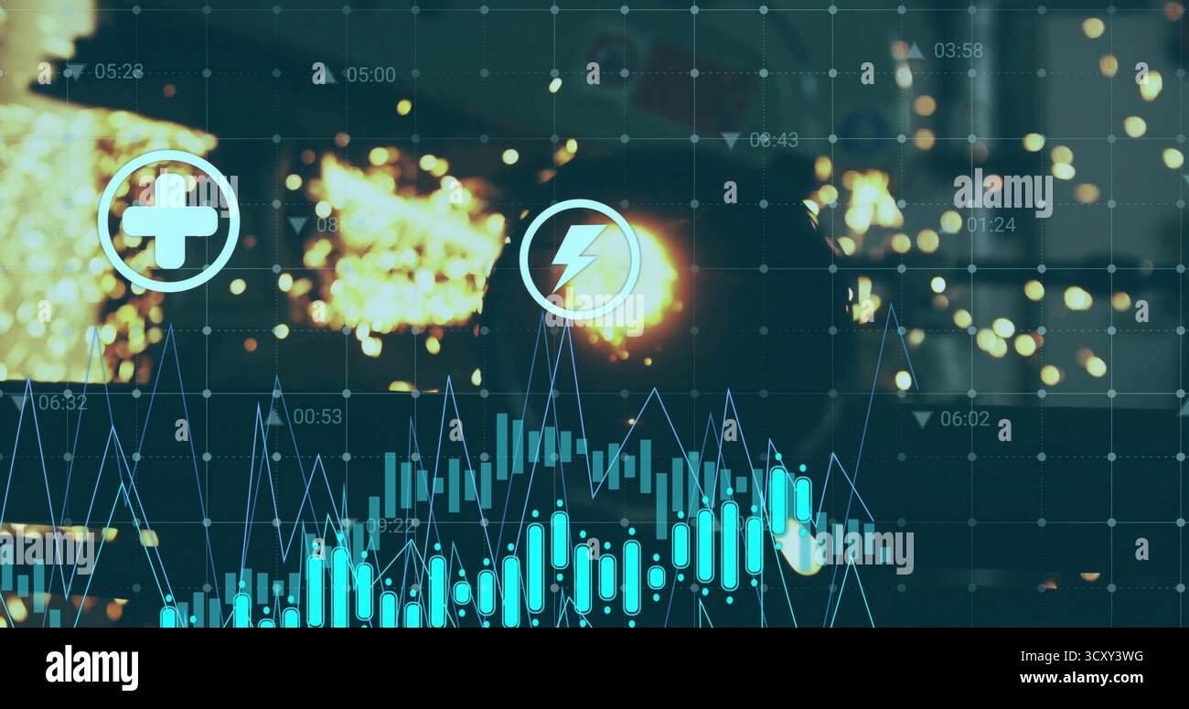 Visualizzazione dell'icona del fulmine in cerchio della scintilla nella fonderia, con grafici, griglia sovrapposta, scintille brillanti Foto Stock