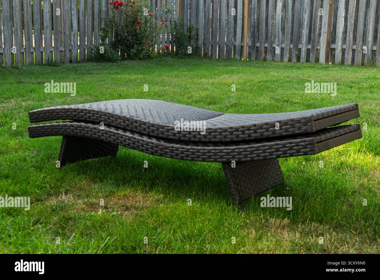 Una chaise longue esterna realizzata in rattan marrone scuro o materiale di vimini, su un lussureggiante prato verde racchiuso da una recinzione di legno di spranghe verticali. Foto Stock