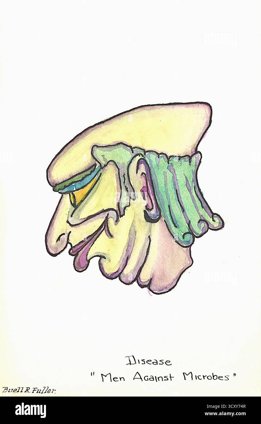 Buell Fuller - uomini contro i microbi (Marionette)- testa di malattia con labbra viola e capelli calvi verdi (1934-1943) - l'immagine è un'illustrazione in stile acquerello di una testa grottesca stilizzata di profilo, rivolta a sinistra. Il viso è principalmente di colore giallo pallido con un naso appuntito prominente e una piccola bocca con labbra viola. La testa ha una fronte ampia e arrotondata o una caratteristica simile a un cappello sulla parte superiore. Un collare o un frontalino verde chiaro e voluminoso si estende dalla parte posteriore della testa e al suo interno è visibile un solo orecchio. Il disegno ha una qualità cartoonesca e fantasiosa. Foto Stock