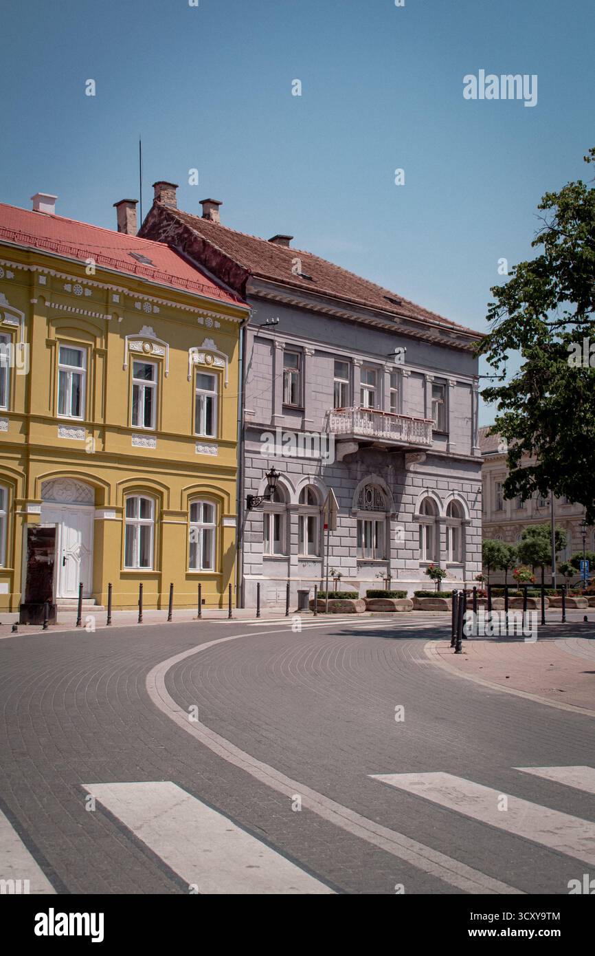 Novi Sad, Serbia. Gli edifici colorati con uno stile architettonico classico. Foto Stock