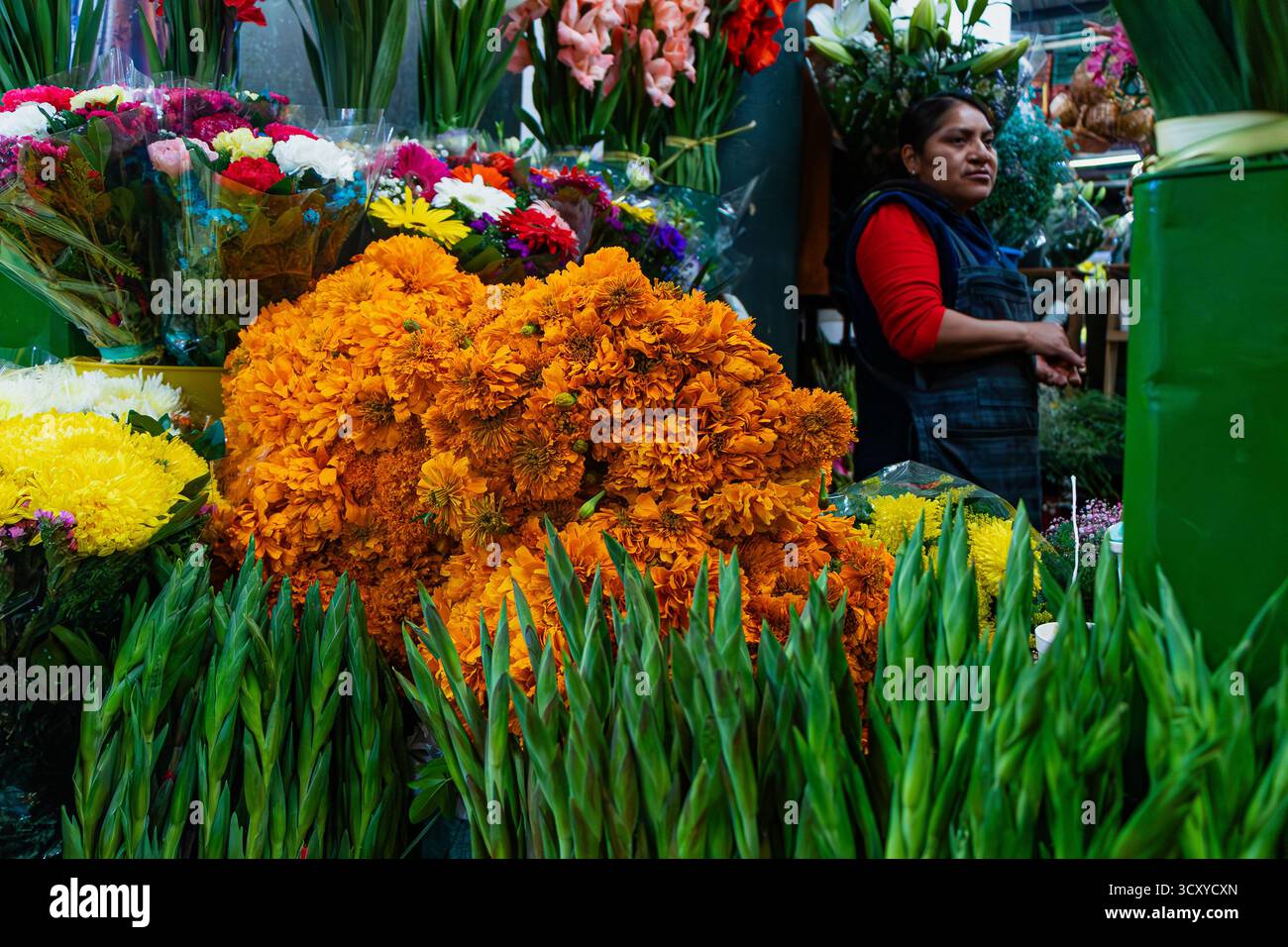 Ritratto di una donna messicana venditrice di fiori che posa accanto a grandi mazzi di intensi cempasúchil arancioni in un vivace mercato tradizionale. Foto Stock