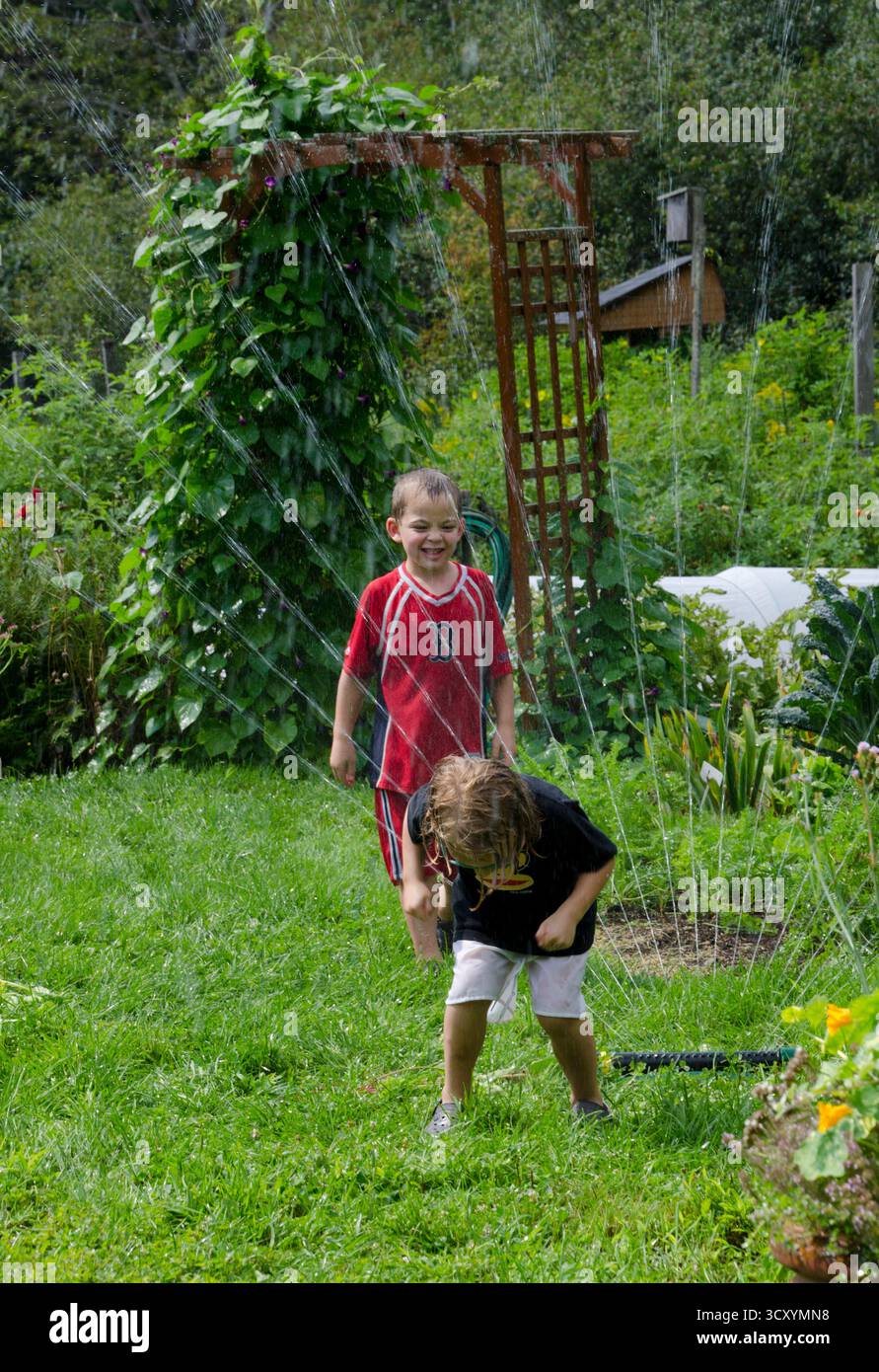 Due bambini che giocano in un irrigatore in una calda giornata estiva nel giardino della comunità, Maine, Stati Uniti Foto Stock