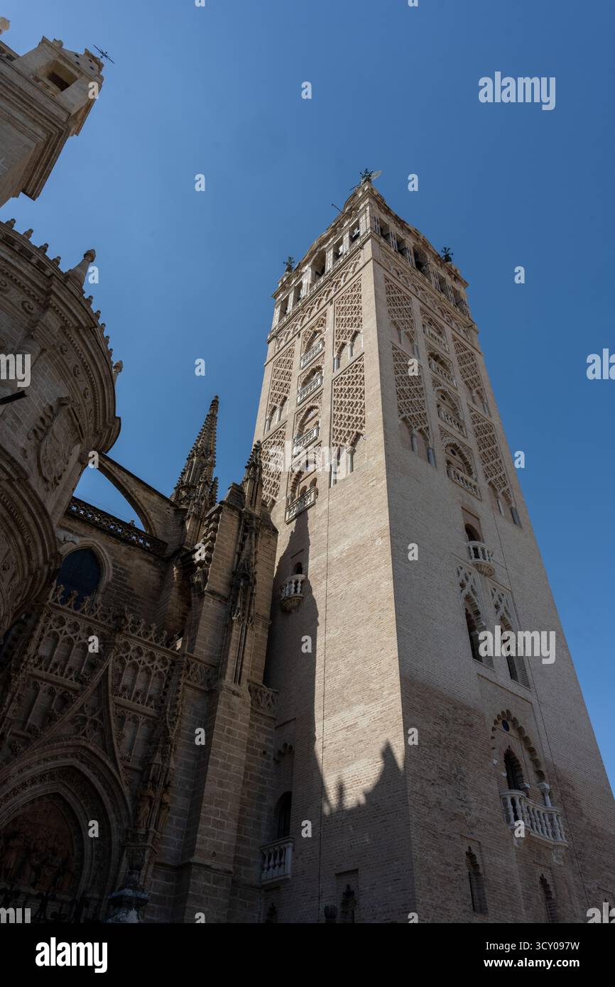 Vista della Cattedrale di Siviglia, uno degli edifici gotici più grandi al mondo, con impressionanti dettagli architettonici e un'atmosfera storica. Un cul Foto Stock