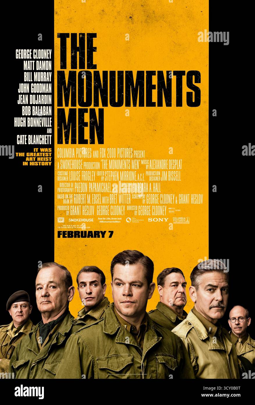 The Monuments Men (2014) diretto da George Clooney e interpretato da George Clooney, Matt Damon e Bill Murray. Un plotone della seconda guerra mondiale ha il compito di salvare opere d'arte inestimabili rubate dai nazisti prima che possano essere distrutte. Fotografia di un poster originale del 2014 USA a un foglio SOLO PER USO EDITORIALE. Crediti: BFA / Columbia Pictures Foto Stock