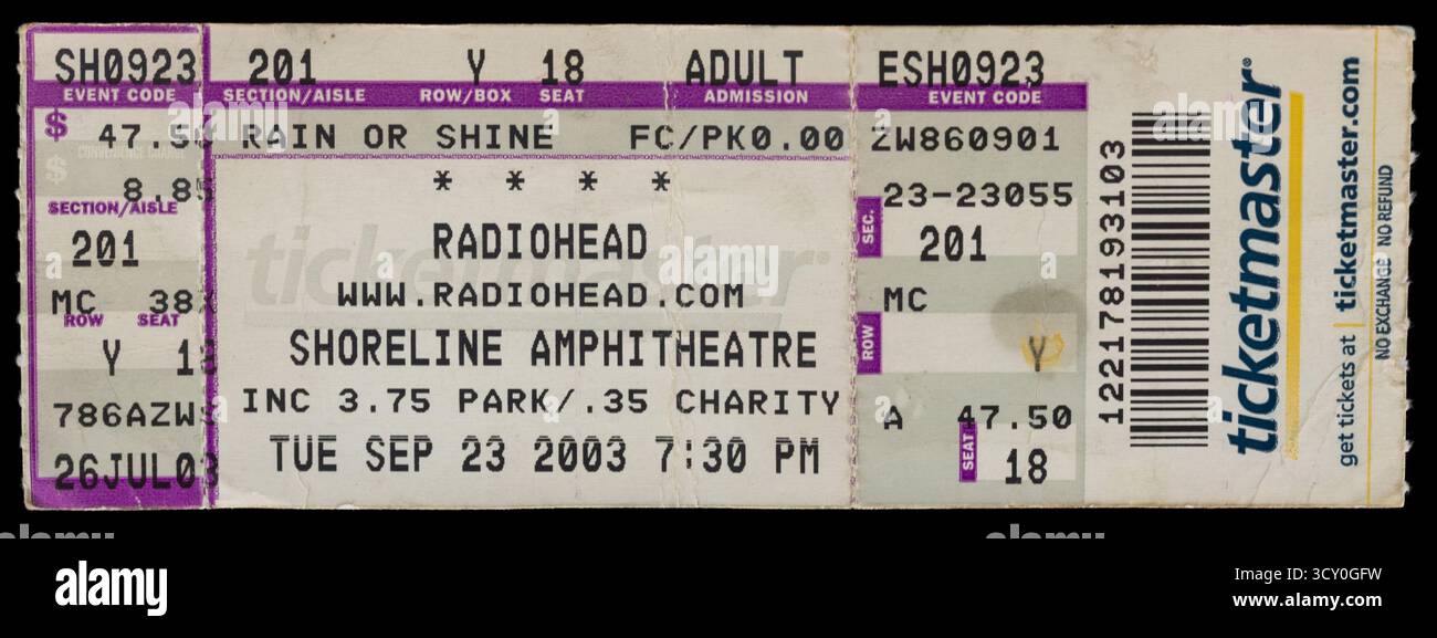 Mountain View, California - 23 settembre 2003 - biglietto d'ingresso usato per lo spettacolo dal vivo dei Radiohead presso lo Shoreline Amphitheater. Foto Stock