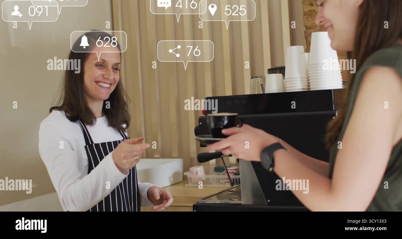 Servire il barista in grembiule passando la tazza di caffè al cliente dietro il bancone con macchina, spazio fotocopie Foto Stock