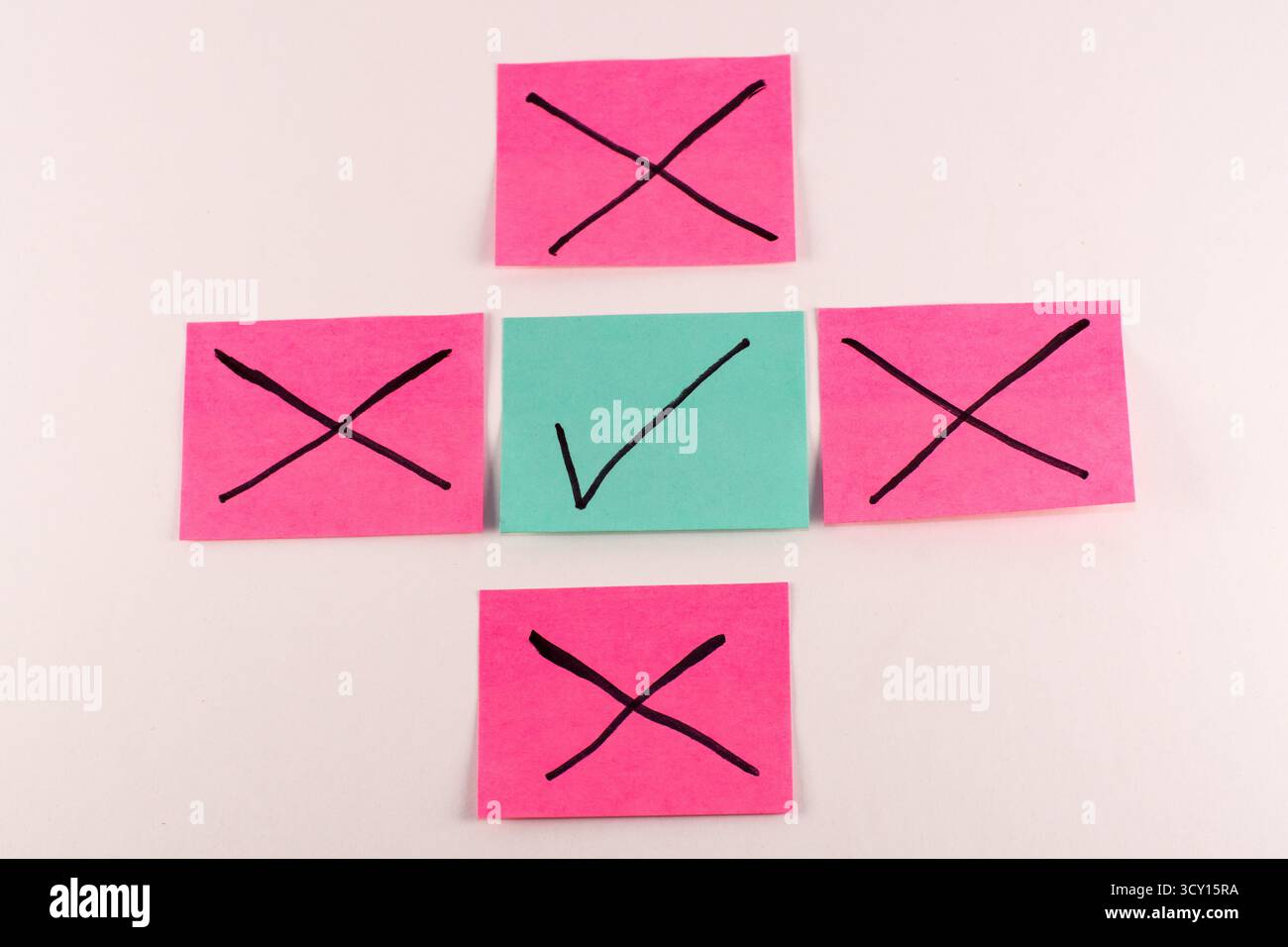 Post-it Notes con segno di spunta e X Marks che rappresentano il processo di scelta, valutazione e selezione Foto Stock