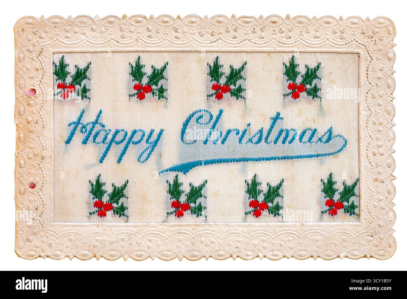 WW! Cartolina di auguri di Natale ricamata in seta con mazzi di agrifoglio e bacche: Un simbolo della Corona di spine di Cristo. Foto Stock