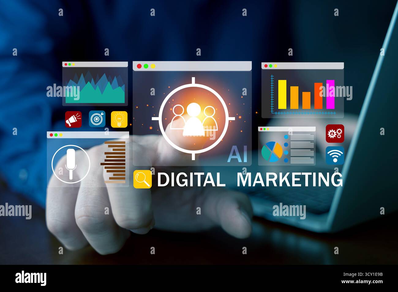 Intelligenza artificiale e concetto di marketing digitale con grafici analitici colorati, grafici e icone visualizzati su schermi virtuali sopra un notebook, s. Foto Stock