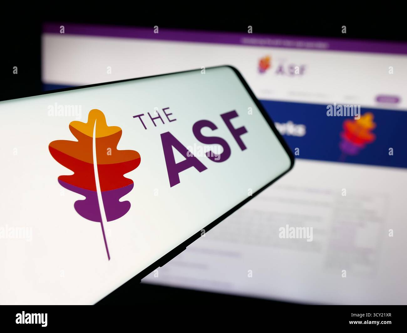 In questa immagine, uno smartphone con il logo dell'organizzazione Apache software Foundation (ASF) è visibile sullo schermo davanti al sito Web. Foto Stock