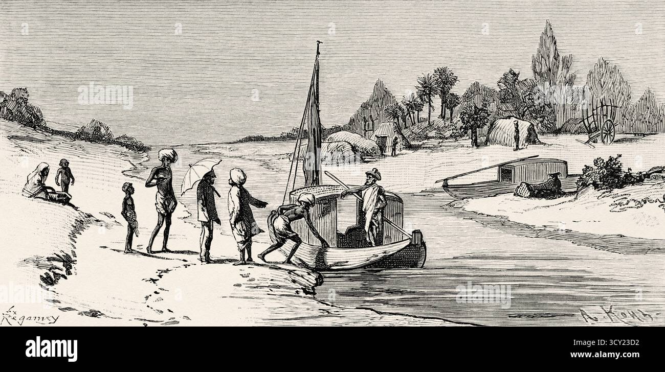 Noleggio barche su un canale di irrigazione, India. Asia meridionale. Eight Days in India, 1876 di Emile Guimet (1836-1918) Drawings from Life di Félix Régamey (1844-1907) le Tour du Monde 1888 Foto Stock