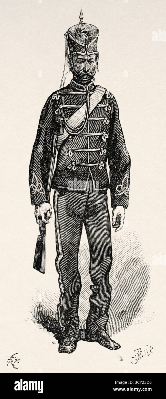 Soldato ussaro della scorta del Governatore, India. Asia meridionale. Eight Days in India, 1876 di Emile Guimet (1836-1918) Drawings from Life di Félix Régamey (1844-1907) le Tour du Monde 1888 Foto Stock