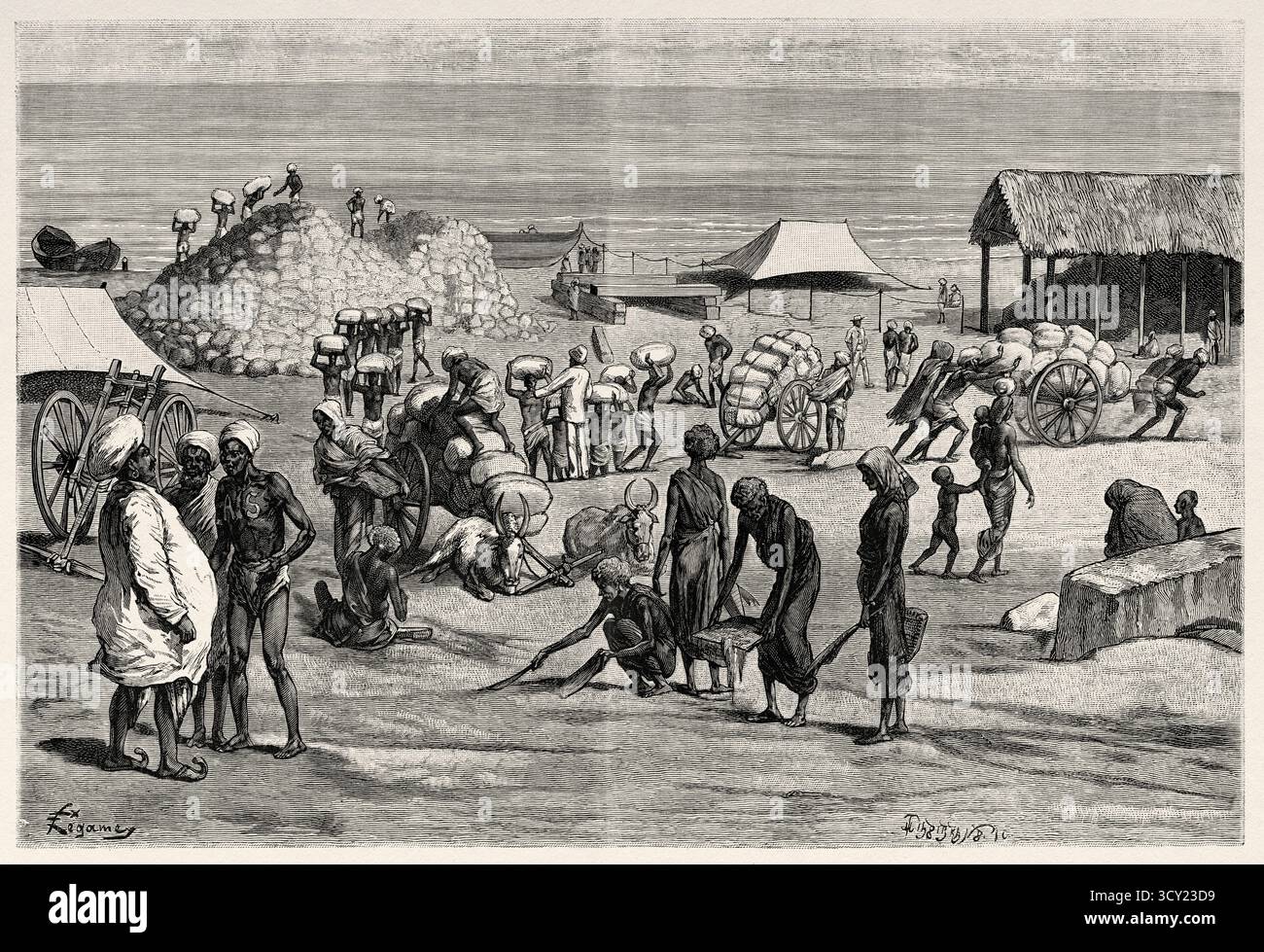 Sbarco di riso durante la grande carestia del 1876–1878, India. Asia meridionale. Eight Days in India, 1876 di Emile Guimet (1836-1918) Drawings from Life di Félix Régamey (1844-1907) le Tour du Monde 1888 Foto Stock