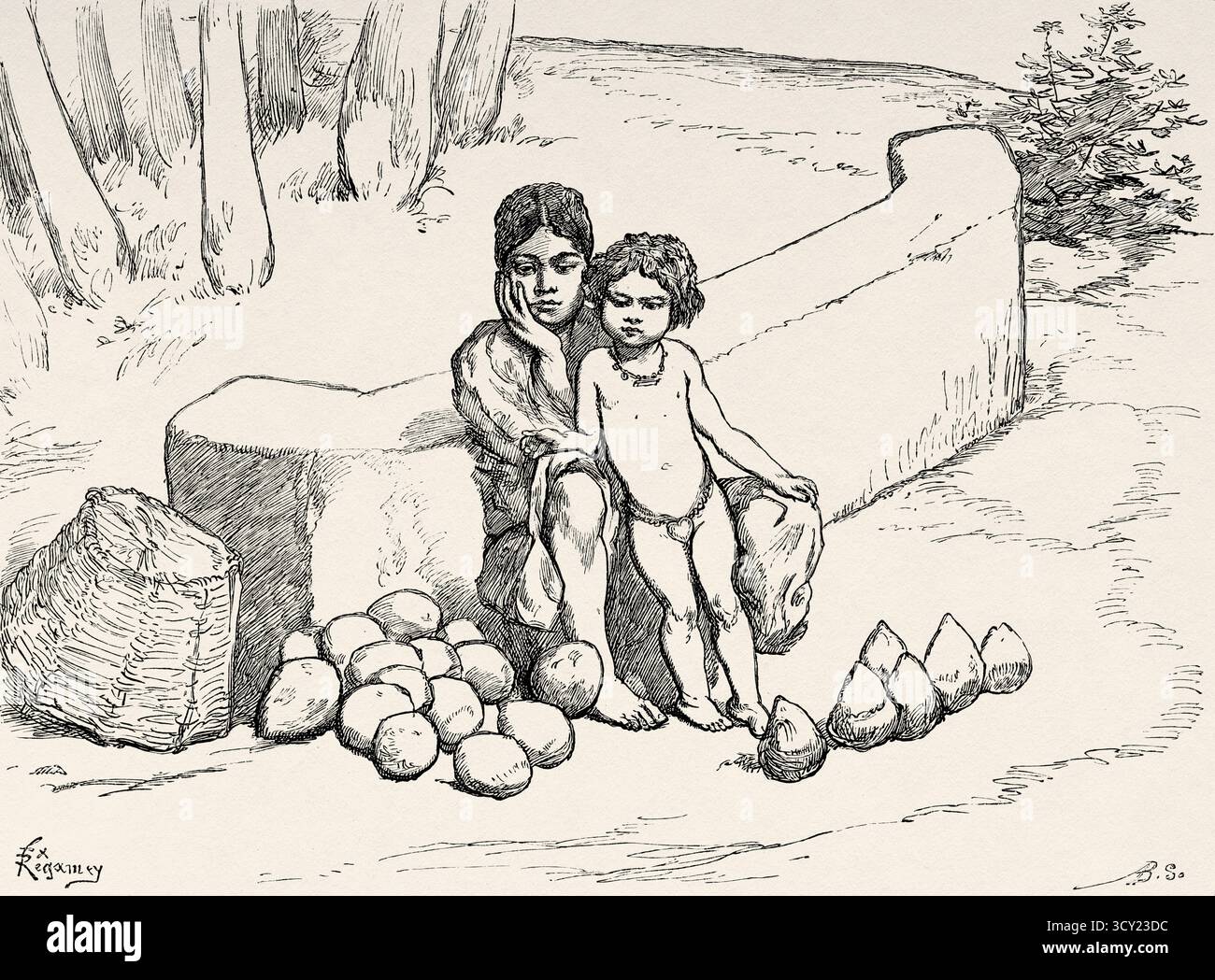 Donna e figlio che vendono noci di cocco per strada, India. Asia meridionale. Eight Days in India, 1876 di Emile Guimet (1836-1918) Drawings from Life di Félix Régamey (1844-1907) le Tour du Monde 1888 Foto Stock